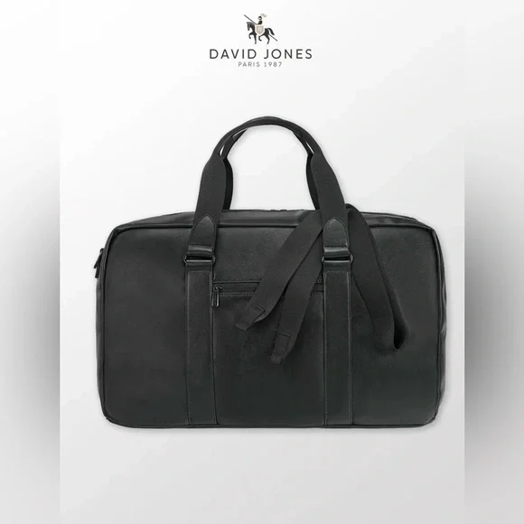 NWT David Jones Black Leather Travel Duffle Bag Gym Weekender 20x11x9 in - Picture 3 of 11